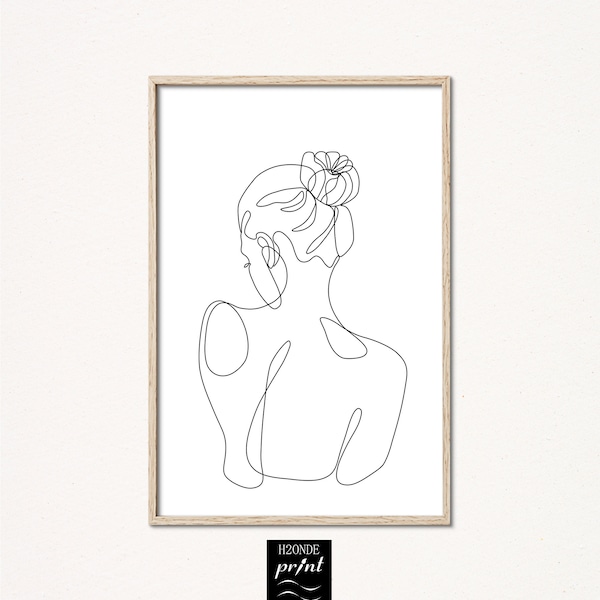 Naked woman body line drawing art print lady female abstract continuous simple modern printable digital download black white gallery wall