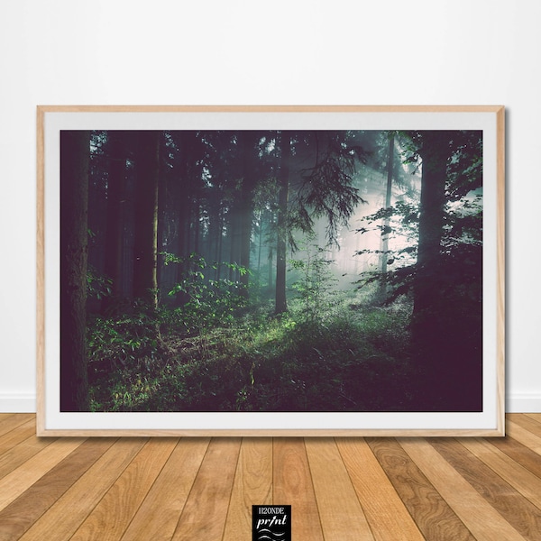 Foggy misty fog landscape mountain green forest print photo poster trees woodland wall art digital print download printable living decor hd