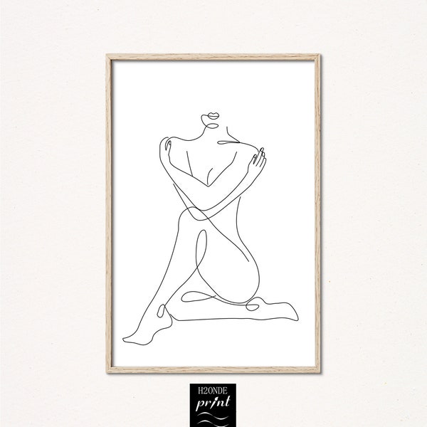 Naked woman line art  body drawing continuous print lady female abstract simple modern printable digital download black white gallery wall