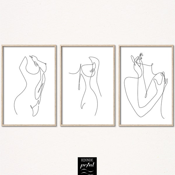 Woman body line drawing set of 3 art print lady nude female figure abstract modern digital download black white minimalist gallery wall sexy