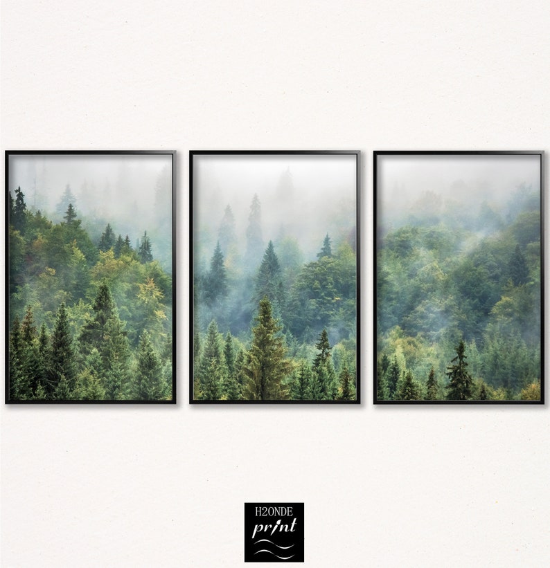 Foggy Forest Wall Art Set of 3 Print Misty Poster Nature Etsy