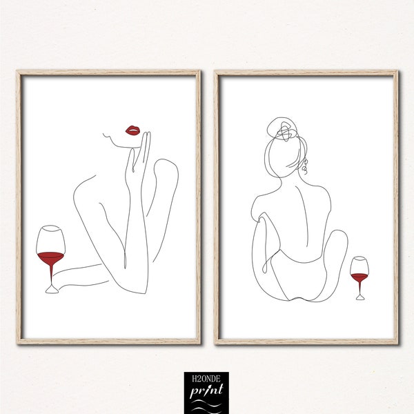 Woman body line drawing set of 2 glass red wine art print lady nude female figure abstract modern digital download gallery wall sexy erotic
