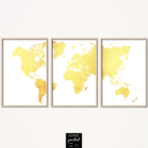 Juego de 3 impresiones de mapas del mundo dorados, arte de pared, impresiones doradas, póster imprimible, descarga digital grande, decoración de viaje, alfiler, minimalista, lujoso y glamuroso.