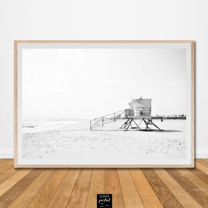 black and white lifeguard tower art print stand station hut beach  poster coastal wall ocean printable summer digital download instant decor