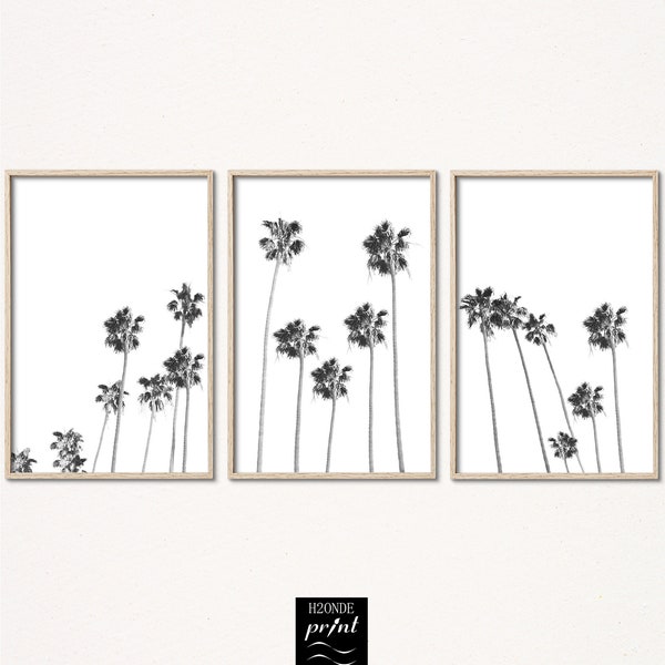 Black and White palm tree set of 3 wall art tropical three piece leaf leaves california beach sea coastal digital printable home decor boho