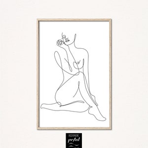 Mujer desnuda cuerpo línea dibujo arte impresión lineal femenina abstracto continua moderna imprimible negro blanco decoración de pared