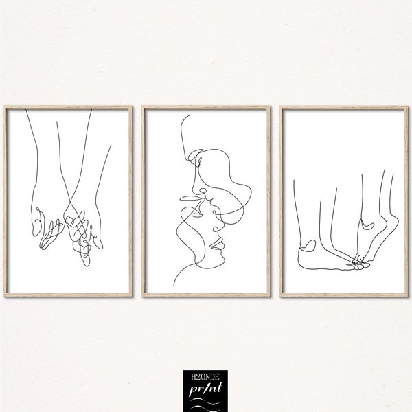 Couple amour ligne dessin ensemble de 3 mains d’art pieds embrasser la tête impression abstraite romantique moderne numérique télécharger noir blanc minimal galerie mur