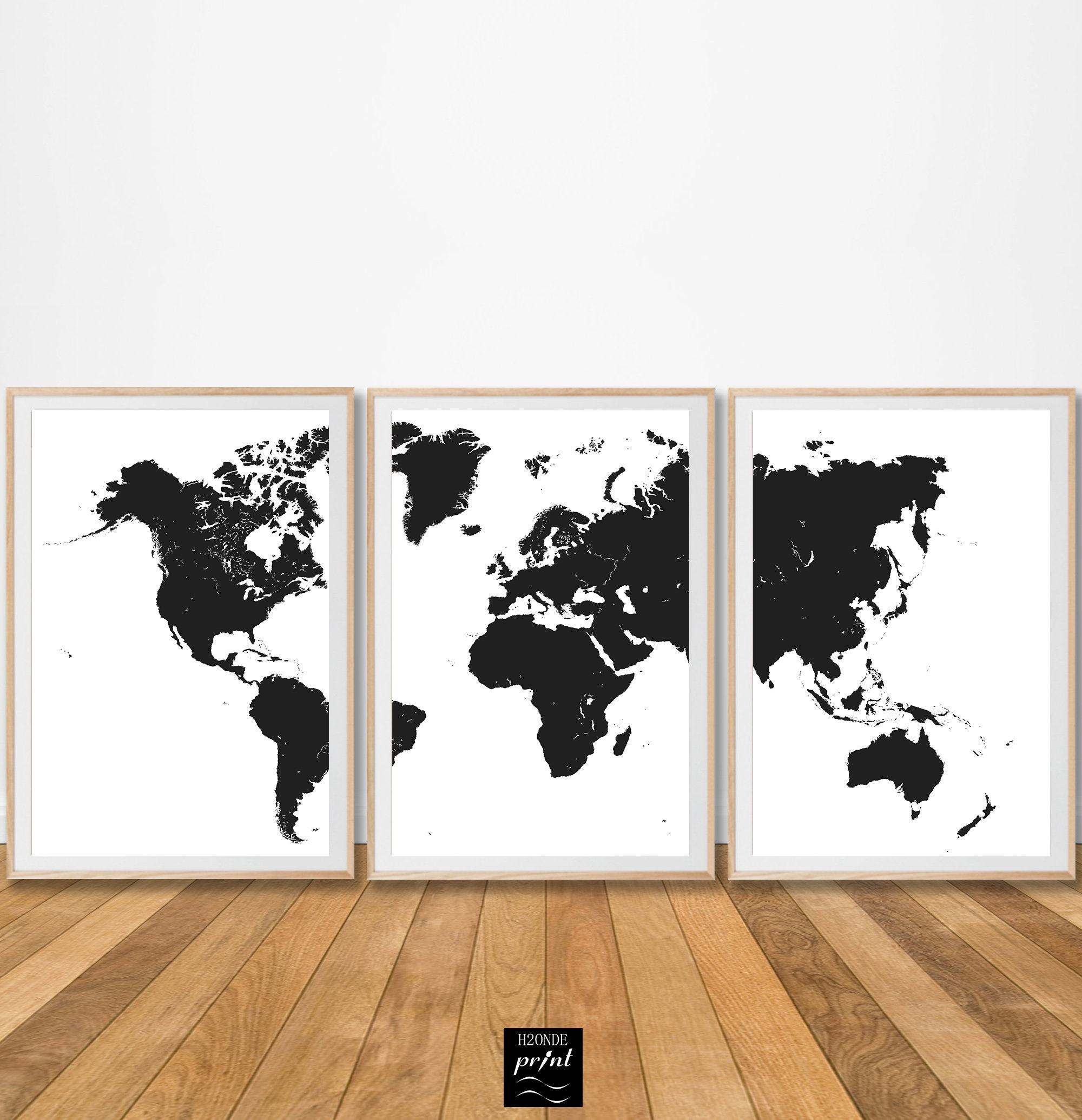 Black and White Wall Art World Map Print Set of 3 Prints Piece Etsy
