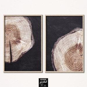 Conjunto de arte de parede com impressão de anel de árvore, 2 tocos para impressão digital instantânea, download de fatia de madeira, presente de aniversário minimalista moderno de fazenda, tronco de pinho