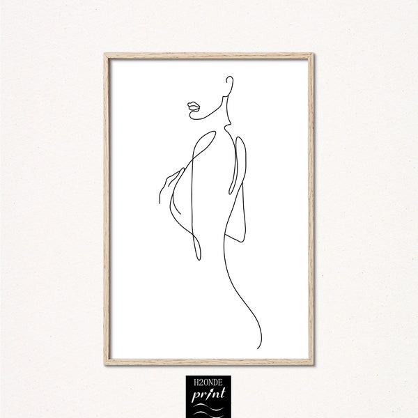 Line art naked woman body drawing print lady female abstract continuous simple modern printable digital download black white gallery wall