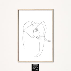 Elephant head line drawing art print abstract continuous trunk animal simple modern digital download black white minimalist gallery wall