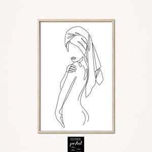 Naked woman body line drawing towel art print lady female abstract continuous modern printable digital download black white gallery wall