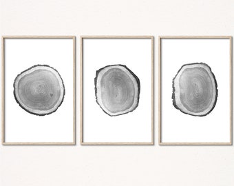 Tree ring print set of 3 wall art black and white stump printable instant digital download wood slice Modern farmhouse pine log gallery wall