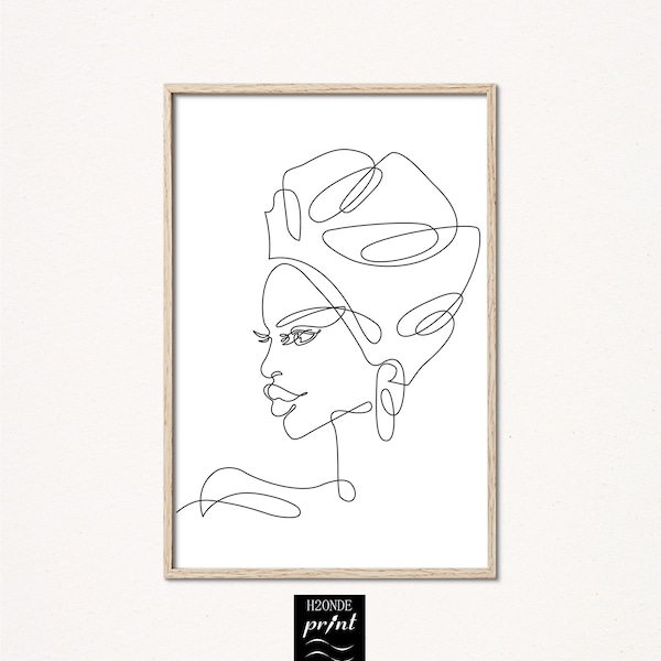 Stampa digitale disegno bianco e nero testa donna nera afroamericana africana turbante linea continua download poster gallery wall arte