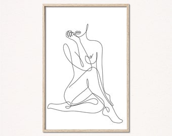 Naked woman body line drawing art print lady female abstract continuous simple modern printable digital download black white gallery wall