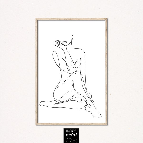 Naked woman body line drawing art print lady female abstract continuous simple modern printable digital download black white gallery wall