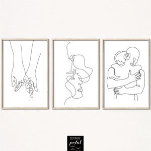 Couple love line drawing set 3 art hands hugging kiss head print abstract romantic modern digital download black white minimal gallery wall