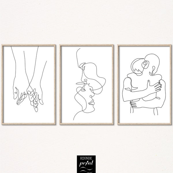 Couple amour ligne dessin ensemble 3 art mains embrasser tête impression abstrait romantique moderne numérique télécharger noir blanc minimal galerie mur