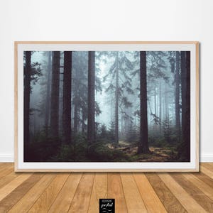 Foggy misty fog landscape mountain green forest print photo poster trees woodland wall art digital print download printable nordic decor hd image 1