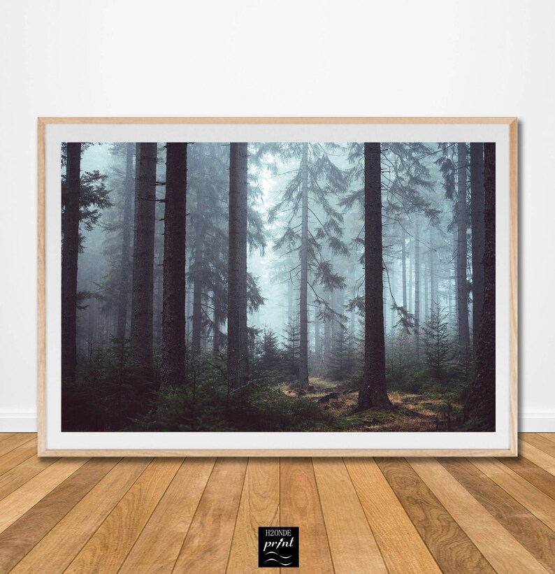 Foggy misty fog landscape mountain green forest print photo poster trees woodland wall art digital print download printable nordic decor hd image 1