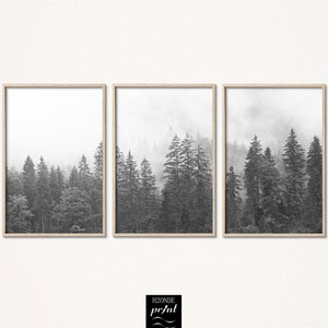 Black and White Set of 3 Prints Foggy Forest Print Art Misty Poster ...