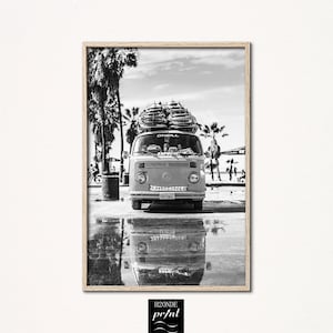 Surfer Retro van schwarz und weiß Bus vw Druck Strand Surf Wand Kunst Poster Palme Ozean Palme Palme Palme Kalifornien digitale Galerie