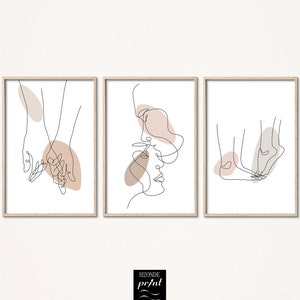 Pareja abrazo líneal dibujo arte impresión romántico conjunto beso abstracto pies imprimible descarga digital mancha color decoración pared