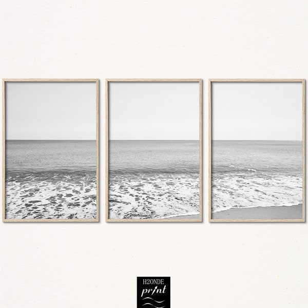 Sea ocean black and white set of 3 tree digital print wave instant download wall art coastal beach printable living poster surf large decor