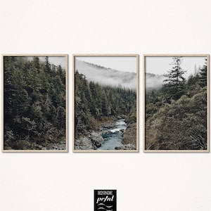 Foggy forest print misty poster art nature set of 3 wall prints three instant download river trees mountain nordic decor spruce scandinavian