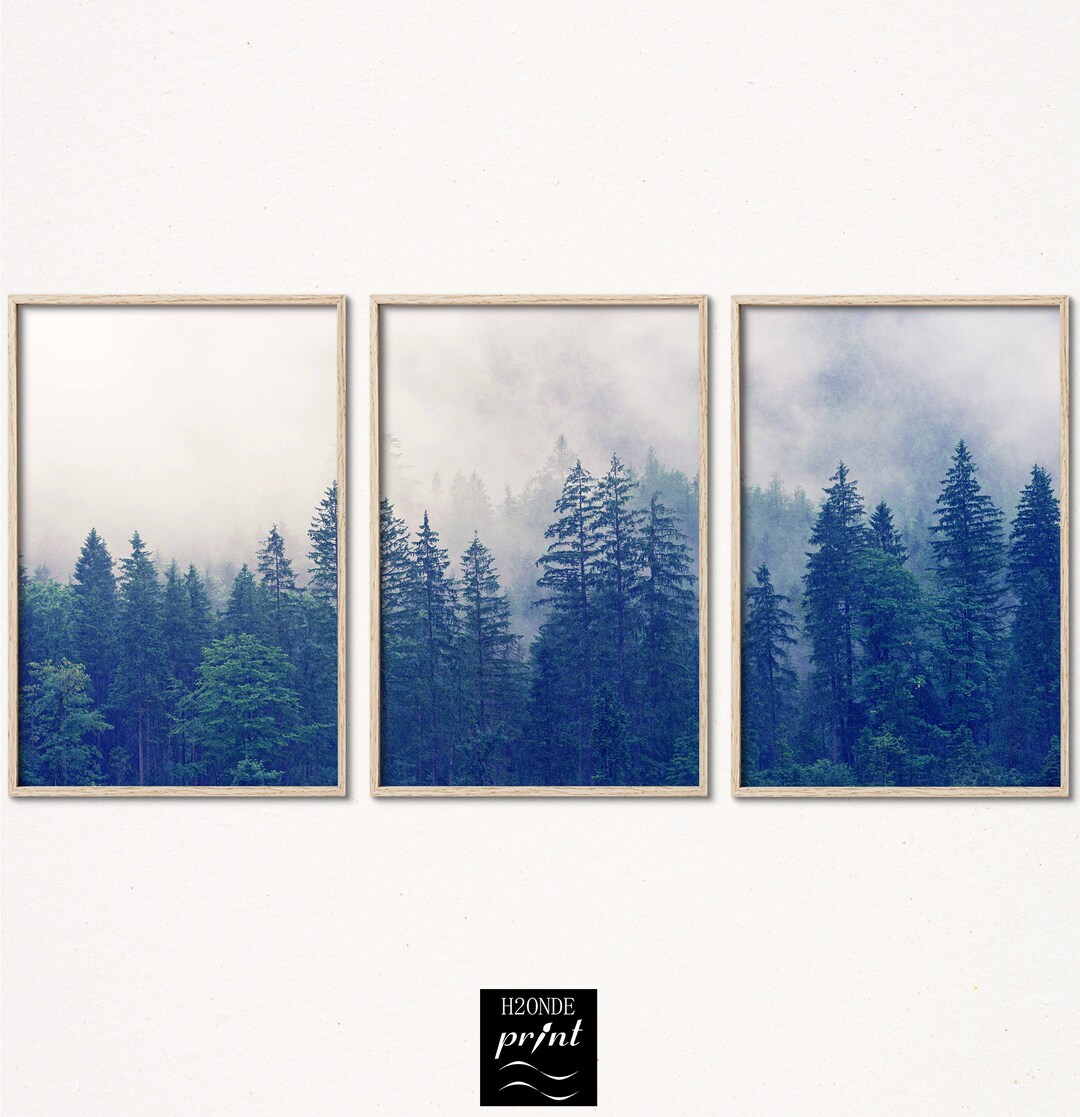 Set of 3 Prints Foggy Forest Print Misty Scandinavian Tree Art Poster ...
