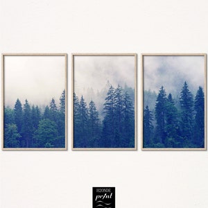 Set Of 3 Prints foggy forest print misty scandinavian tree art poster nature wall pine nordic landscape wilderness mountain instant download