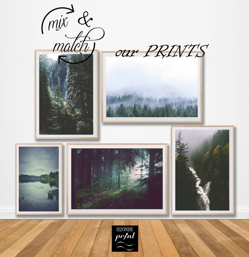 Foggy misty fog landscape mountain green forest print photo poster trees woodland wall art digital print download printable nordic decor hd image 5