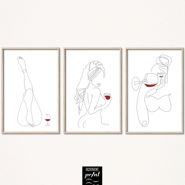 Woman body line drawing set of 3 glass red wine art print lady nude female figure abstract modern digital download gallery wall sexy erotic