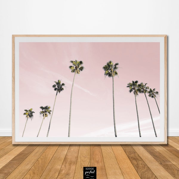 Palmier rose imprimer photo tropical wall art Californie décoration côtière plage imprimable téléchargement numérique boho coucher de soleil galerie d’été mur