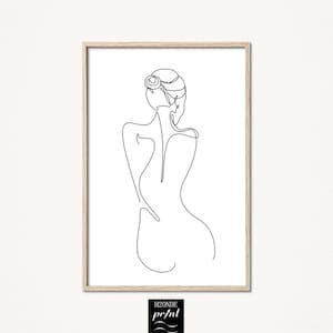 Naked woman body line drawing art print lady female abstract continuous simple modern printable digital download black white gallery wall