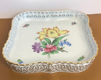 Vintage HEREND 7510 Printemp Pierced Tray , Printemps Reticulated Edge Square Dish, Herend Porcelain Galley Tray Square 7" x 7", Mint