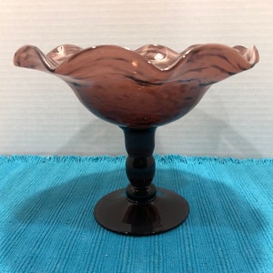 Vintage Ruffled Grape Glass Pedestal Dish, Ruffled Purple White Swirl Pedestal Candy Dish, Vintage Purple Compote Bowl