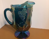 Vintage Opalescent Carnival Glass Harvest Grape Pitcher, Carnival Glass Indiana Peacock Blues Large Pitcher, Indiana Blue Pedestal Pitcher