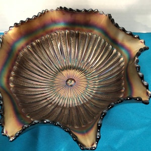 Vintage Northwood Carnival Glass Ruffled Bowl, Carnival Amethyst Stippled Rays Bowl, Northwood Amethyst Footed Bowl
