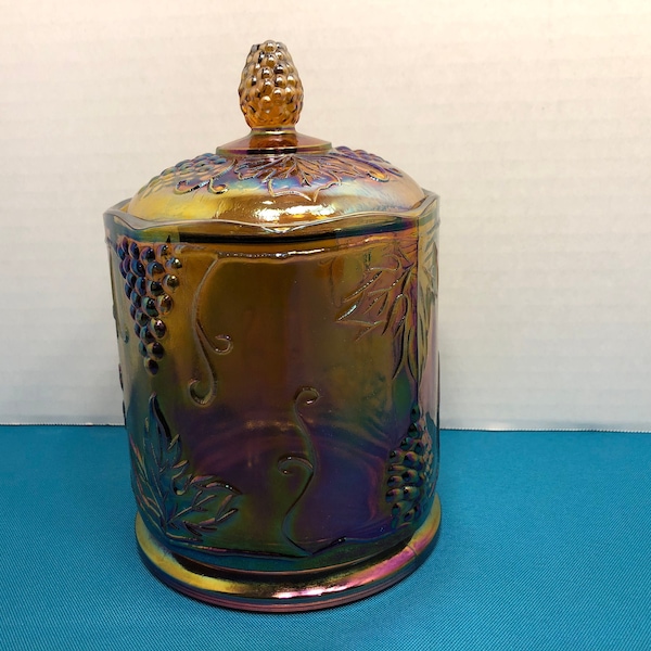 Vintage Indiana Gold Carnival Glass Harvest Grape Canister Jar 7.5", Amber Gold Carnival Glass Covered Canister, Gold Carnival Glass Jar