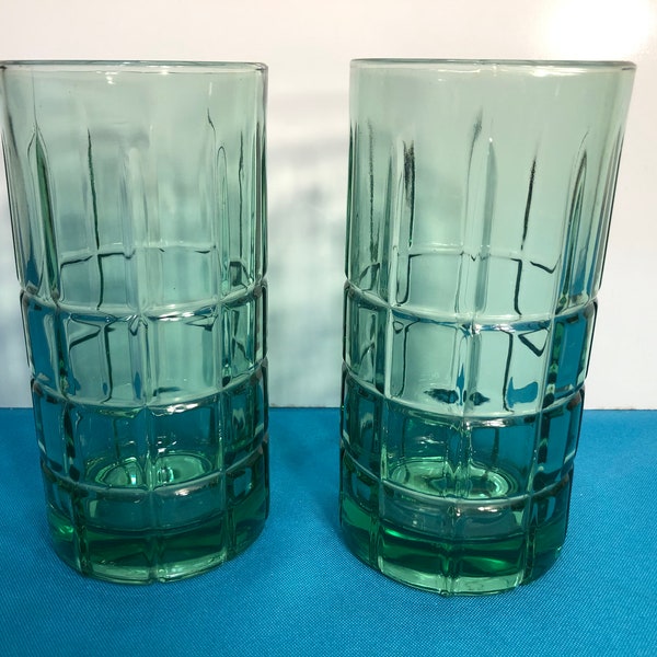 Vintage Pair of Anchor Hocking Tartan Plaid Green Tint Vases, Anchor Hocking Green Glass Cylinder Vases, Anchor Hocking 6" Vases