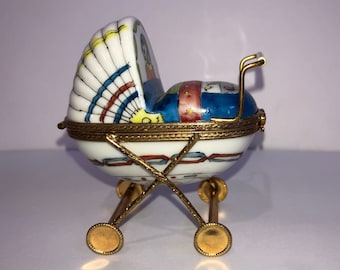 Limoges Peint Main Baby Buggie, Limoges Baby Carriage Box, Its a Boy Baby Trinket Box, Peint Main Trinket Box. Limoges Baby Boy Box