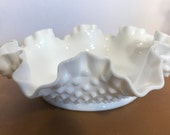 Vintage Fenton Hobnail Milk Glass Candy Dish, Hobnail Milk Glass Bowl, Vintage Fenton Milk Glass Hobnail Ruffle Candy Dish Bowl Vase