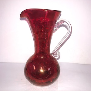 Cranberry Hand Blown Pitcher, Vintage Cranberry Crackle Pitcher, 5&quot; Small Pitcher Cranberry Glass, Vintage Pink Crackle Glass Pitcher Small