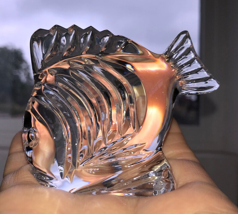 Peut inclure: Une sculpture de poisson en verre transparent avec des d&eacute;tails complexes. Le poisson a une nageoire sur le dessus de la t&ecirc;te et une nageoire caudale.