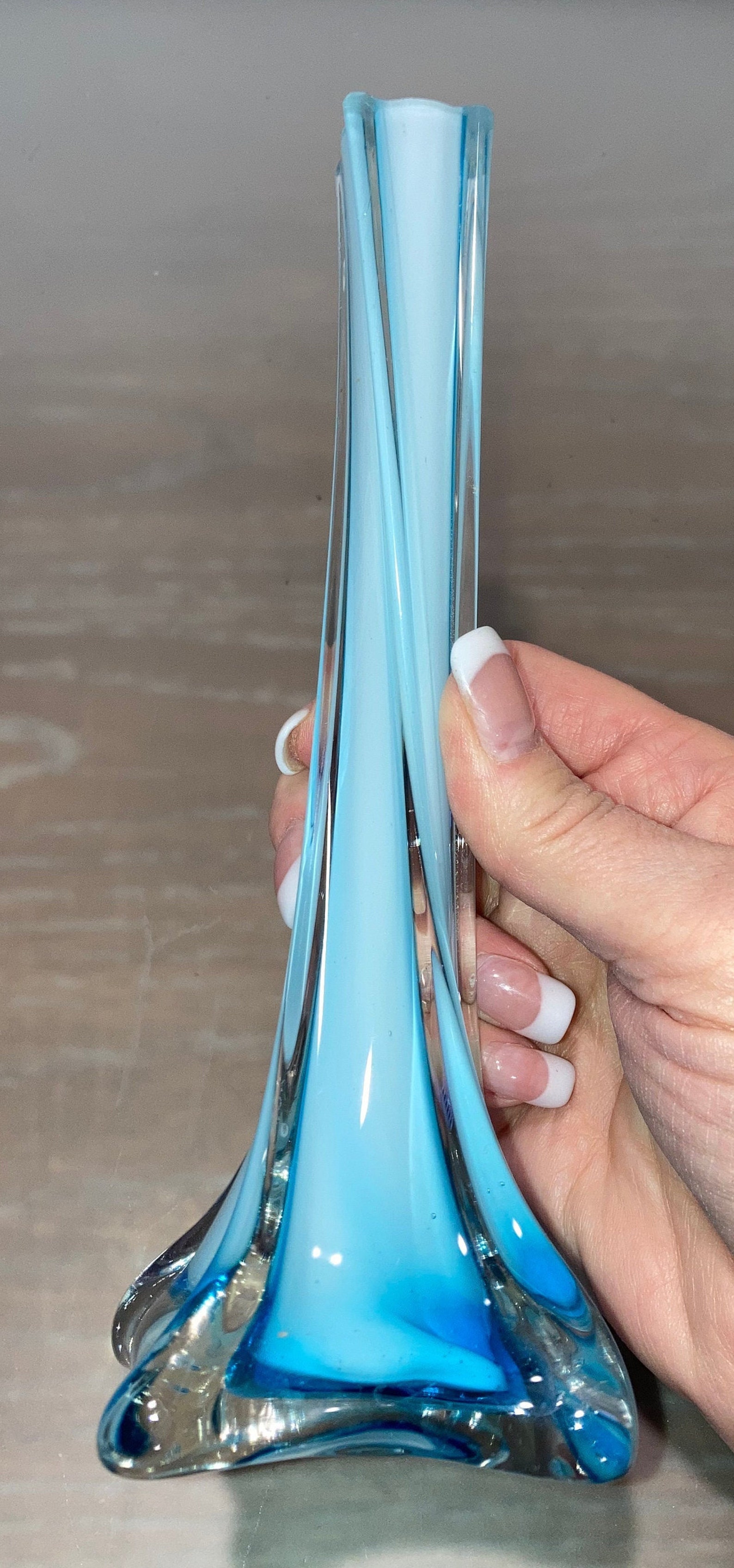 Vintage Turquoise White Clear Vase Blue Clear Glass Long Stem Etsy