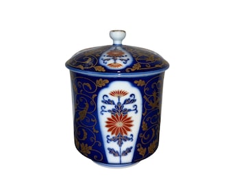 19世紀中国製 伊万里焼 蓋付き花瓶：コバルトブルーと赤錆色の花模様