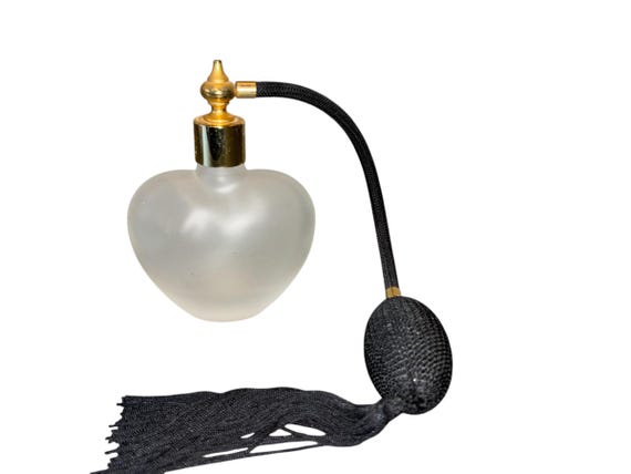 Vintage Frosted Glass Perfume Bottle, Vintage Perfume Bottle with Atomizer, Antoinette Taiwan, Black Cord and Tassel Vanity Perfume Bottle