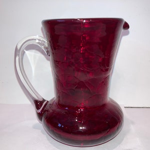 Vintage Ruby Red Hand Blown Pitcher, Vintage Red Leather Finish Pitcher, 4&quot; Tall Pitcher Red Glass, Red Textured Pitcher applied handle,Mint