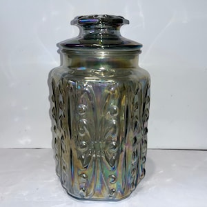 Vintage LE Smith Atterbury Canister, LE Smith Atterbury Carnival Glass Jar, LE Smith Smoke Carnival Glass 9 1/2&quot; Canister, Mint